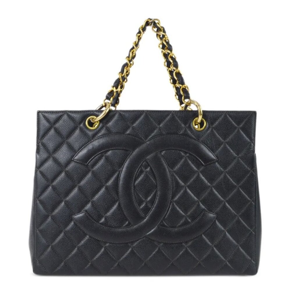 CHANEL Caviar Tote Grand Shopper GST Quilted Chain Shoulder Bag Purse Black - Picture 1 of 12